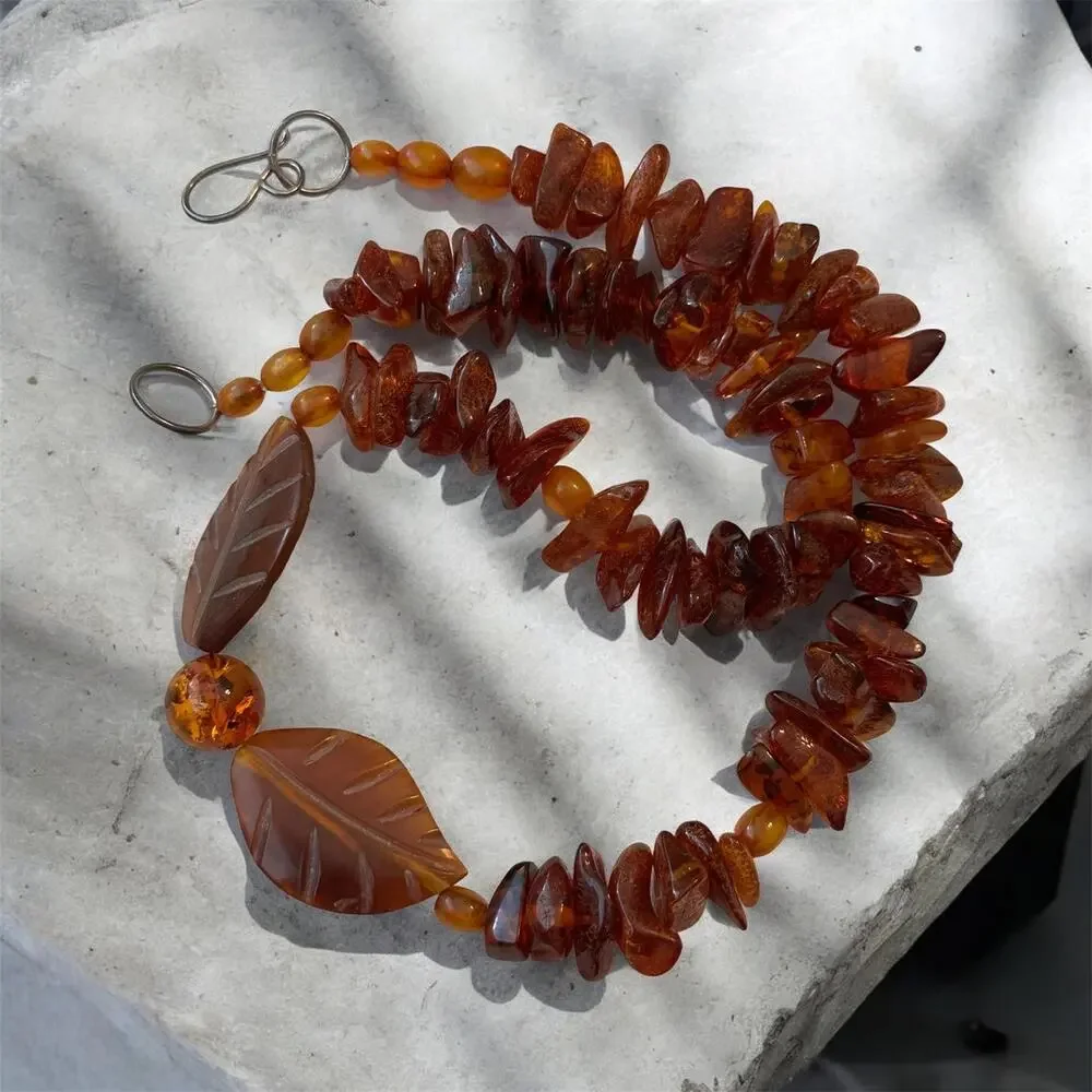 Amber Tide Leaf Necklace – Vintage Amber Tone Assemblage Necklace – OOAK